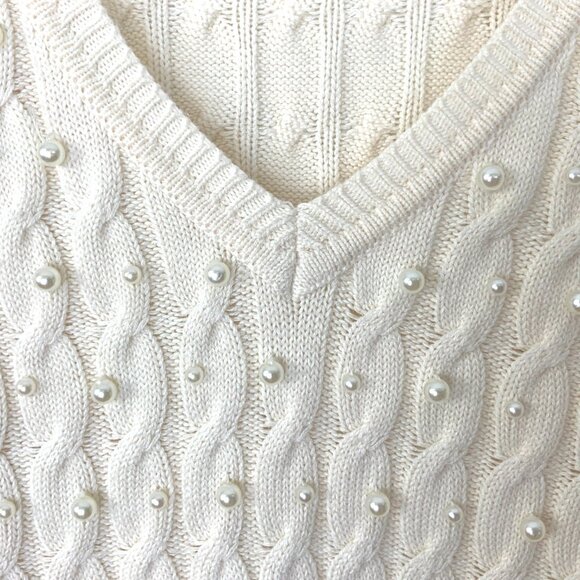 Boston Proper Sweater White/Cream V Neck Cable Knit Pearl Embellished Size M - Picture 9 of 16